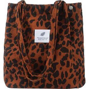 Women Leopard Imported Corduroy Canvas Shoulder Handy Inner Pocket Tote Bag